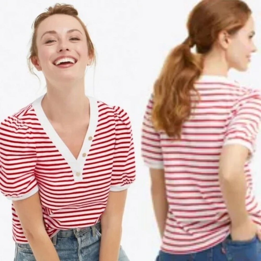Draper James Women's XXL White Red Stripe V-Neck Puff Sleeve T-Shirt Knit Top